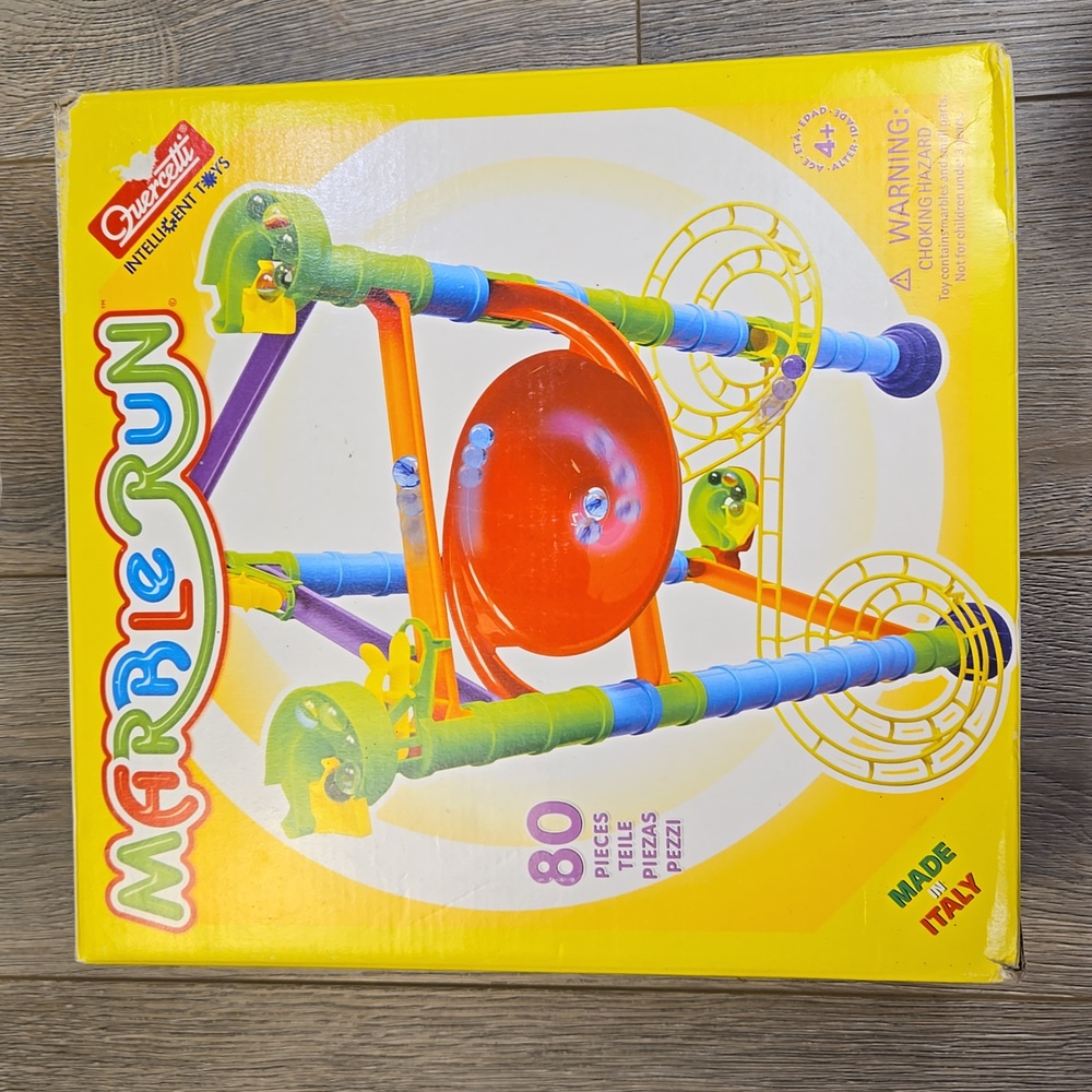 Quercetti 80 piece marble run used in box MISSING MARBLES otherwise complete